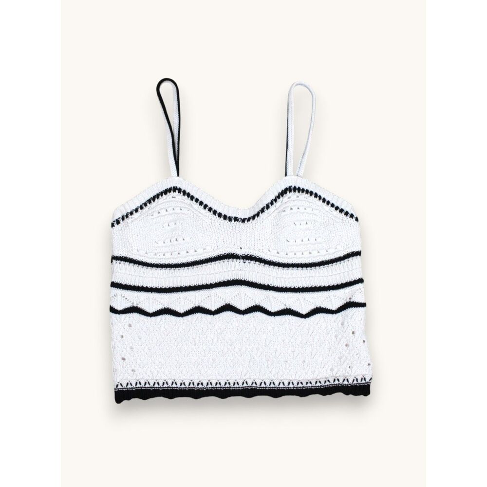 Pink Republic White Knit Crop Top Black Trim Open Knit Size Small